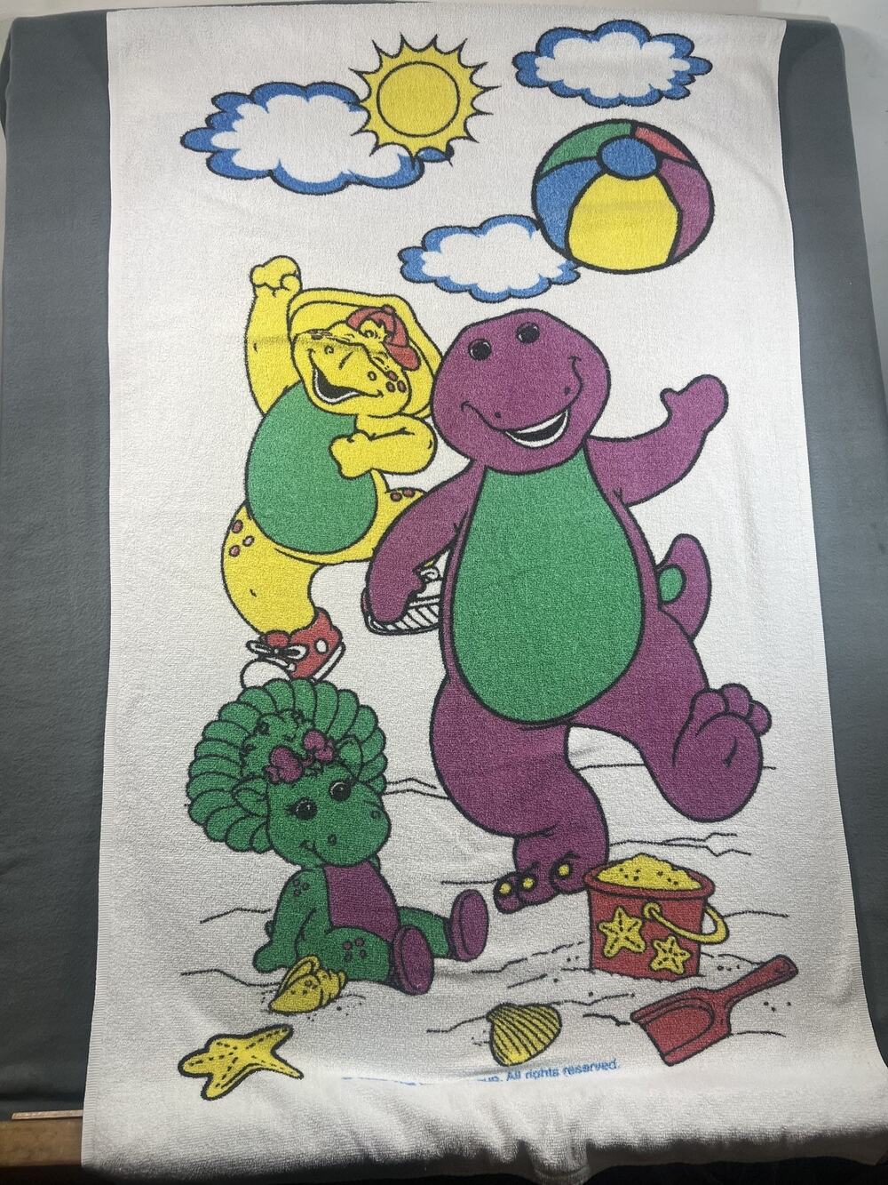 1998 Vintage Barney Dinosaur Beach Bath Towel 100% Cotton Kids Gift